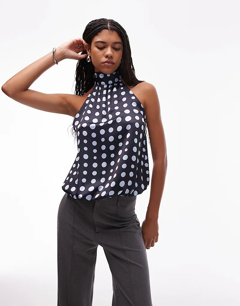 

Атласный топ ASOS DESIGN с высоким воротом и подолом-пузырьком в горошек