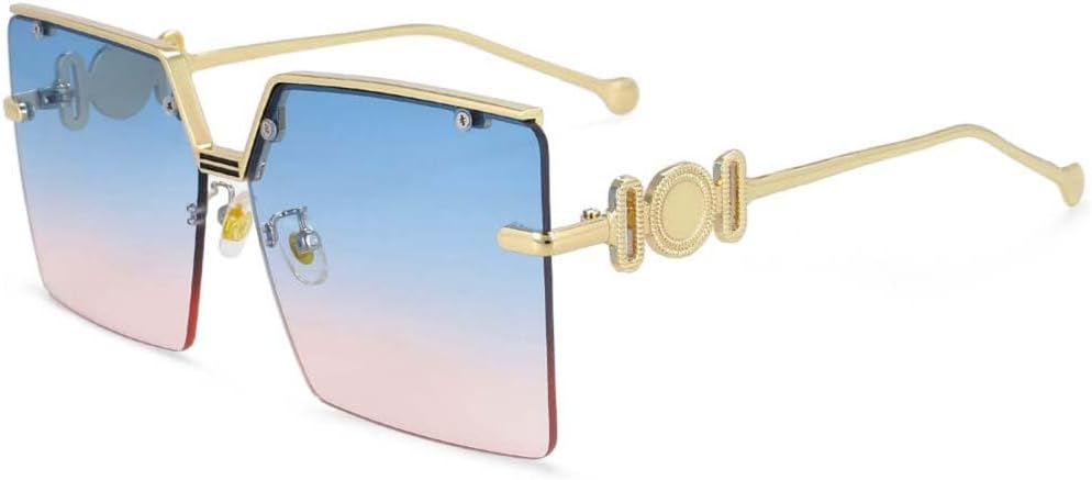 

Женские солнцезащитные очки без оправы с квадратными линзами и заклепками, в стиле ретро, ​​классические, с защитой от УФ-излучения UV400, винтажные generic, Blue Pink