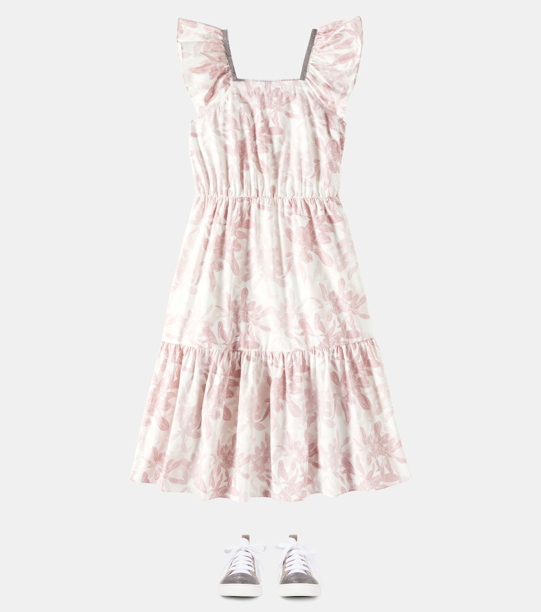Платье из хлопкового поплина с цветочным принтом Monili Brunello Cucinelli Kids, Rosa — фото 2