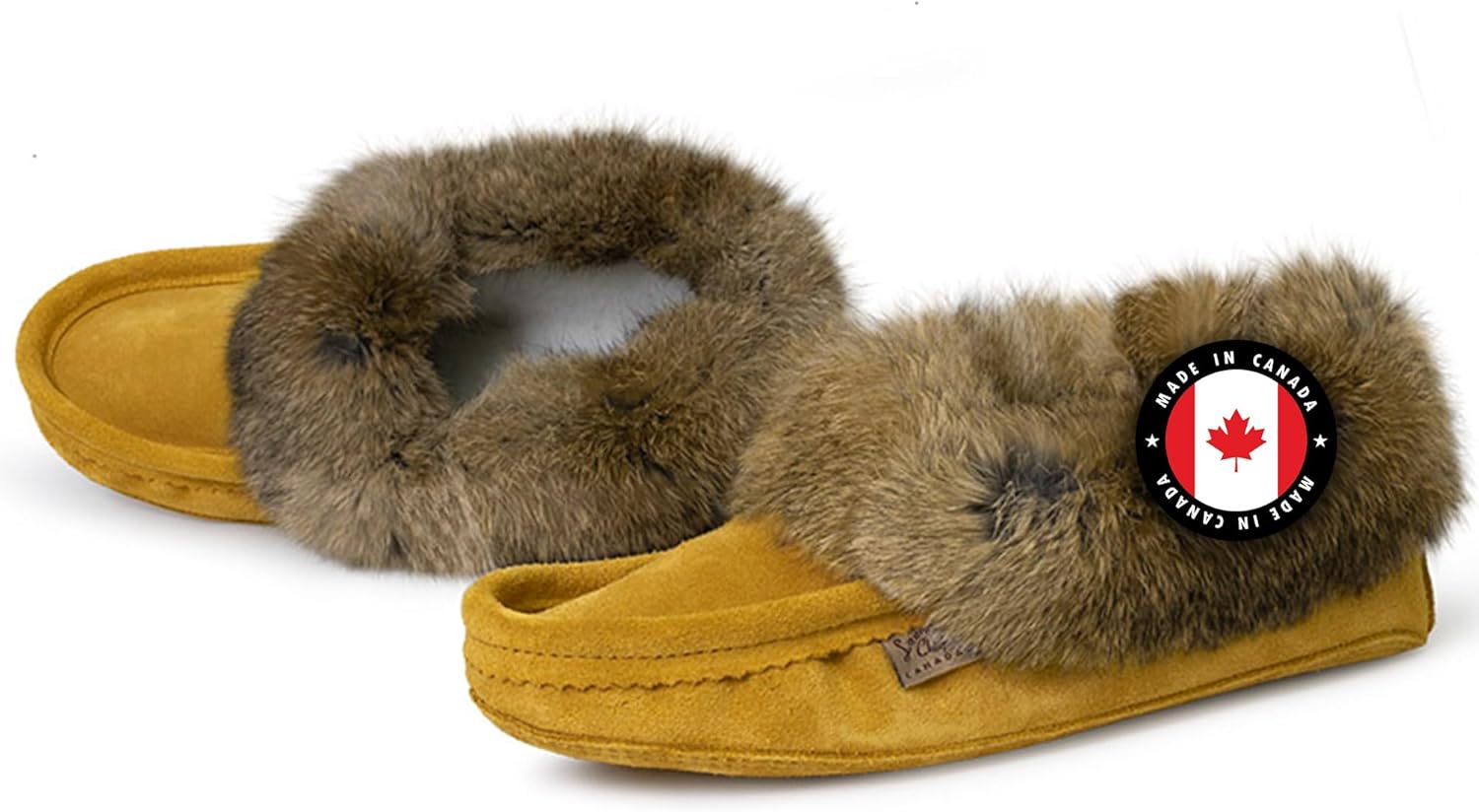 

Мужские замшевые мокасины Laurentian Chief с воротником из кроличьего меха и мягкой подошвой для дома, Indian Tan - Indoor