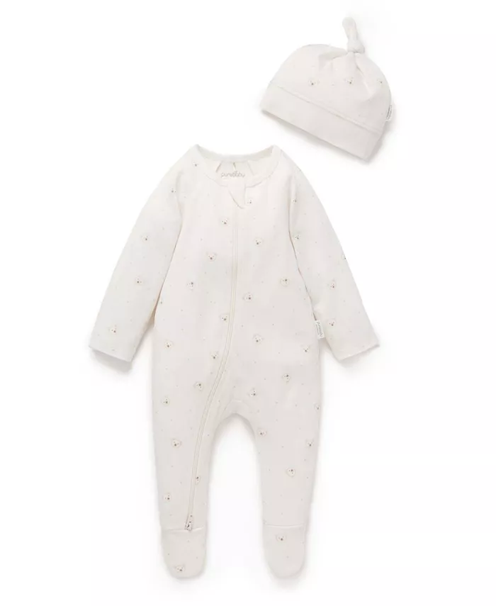 

Комплект комбинезона с молнией и шапочки для мальчиков и девочек Purebaby, белый