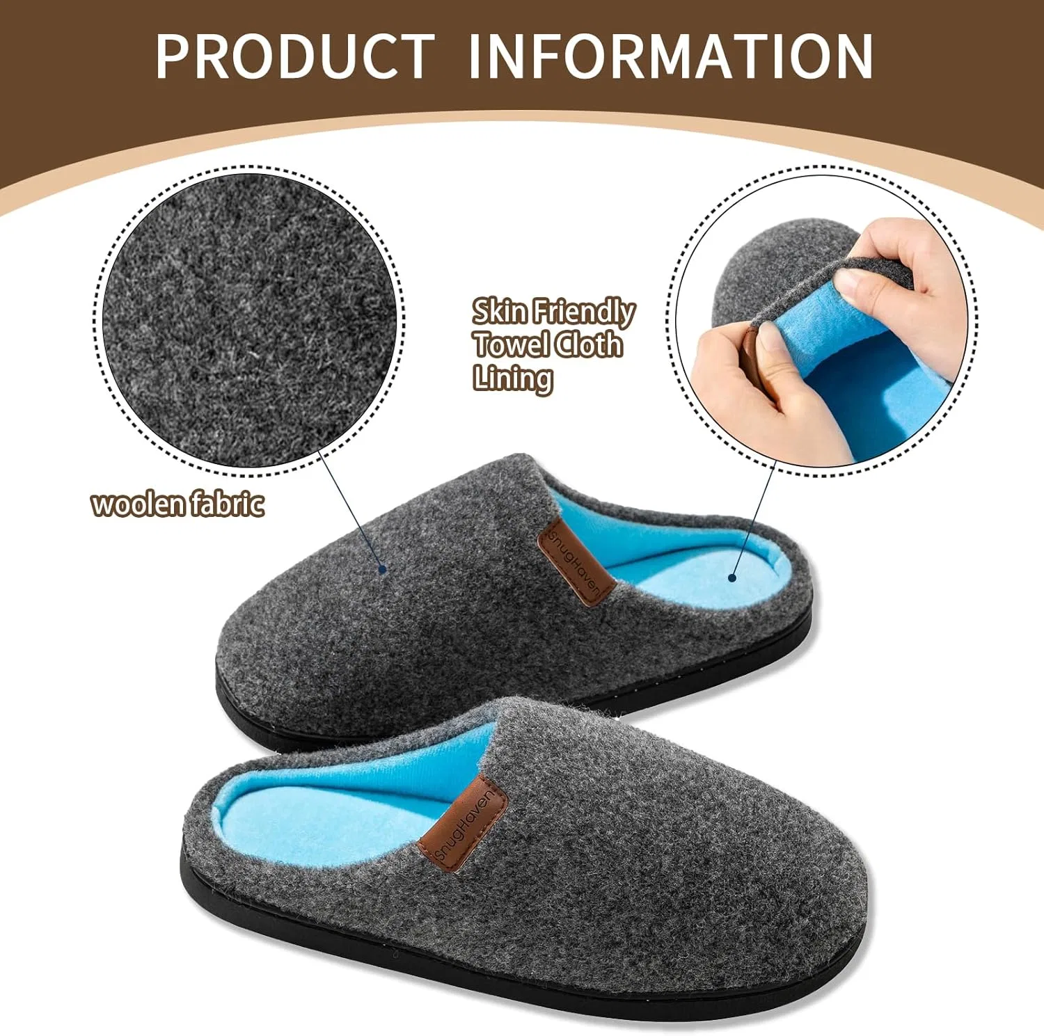 Тапочки с эффектом памяти, Men's Wool Felt, серо-голубой SnugHaven — фото 3