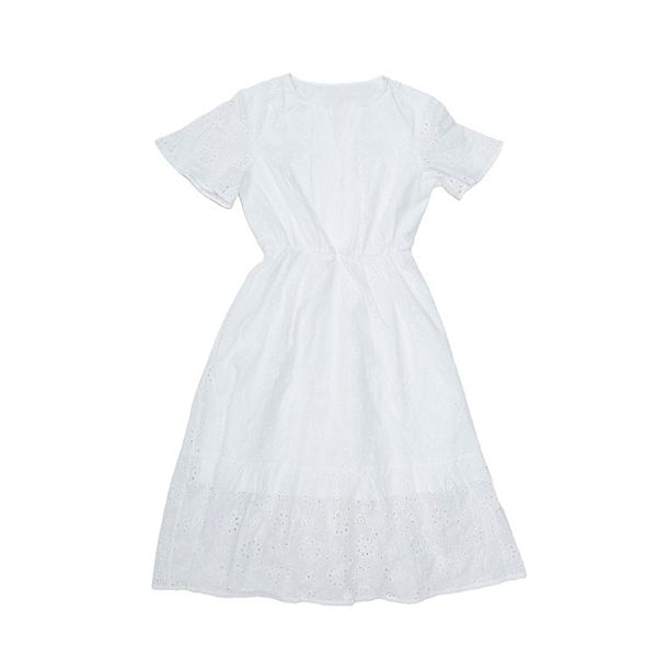 

Женское платье с ажурными вставками летнее повседневное с v-образным вырезом короткий рукав силуэт а-силуэт кружевное струящееся пляжное миди Inspire Chic, White
