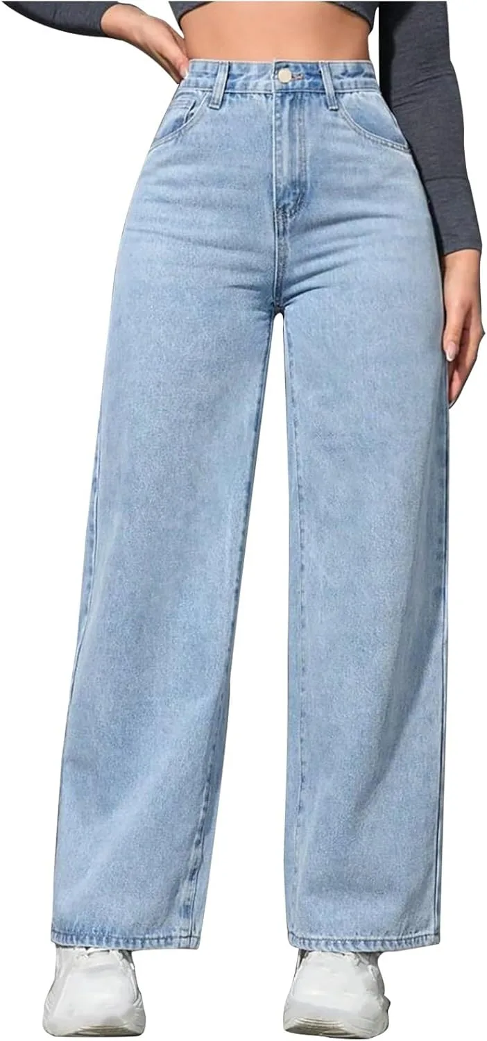 

Женские джинсы Wide Leg High Waisted Stretchy Straight Leg с карманами и эффектом Tummy Control