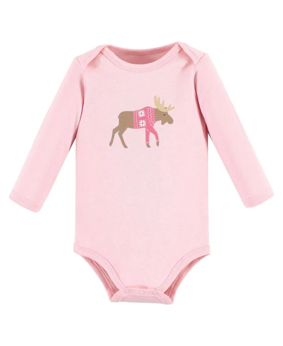 Комплект из 3 хлопковых боди с длинными рукавами Hudson Baby, розовый moose bear — фото 3