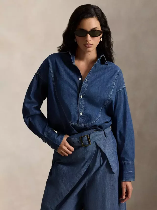 Рубашка-смокинг Polo из джинсовой ткани, синяя Ralph Lauren
