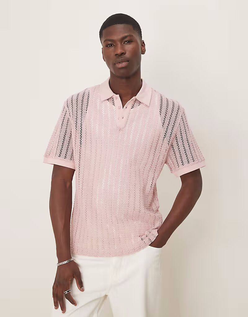 

Свободное поло свободного кроя со спущенным плечом ASOS DESIGN, розовая вязка крючком