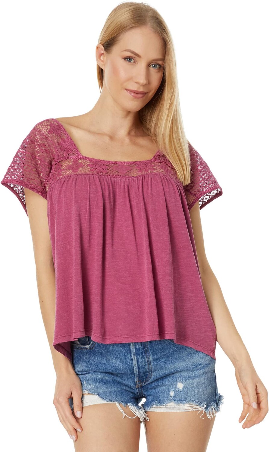 

Кружевная пляжная футболка с квадратным вырезом Lucky Brand, цвет Red Violet
