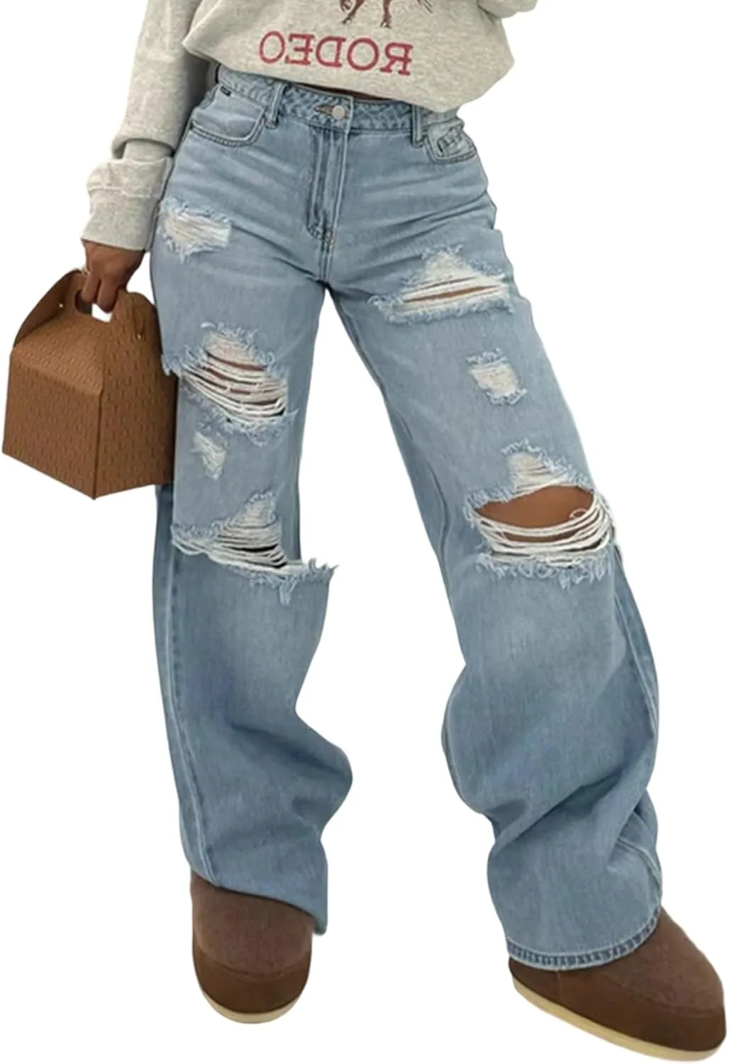 

SHINFY Женские рваные джинсы High Waisted с потертостями, прямые широкие