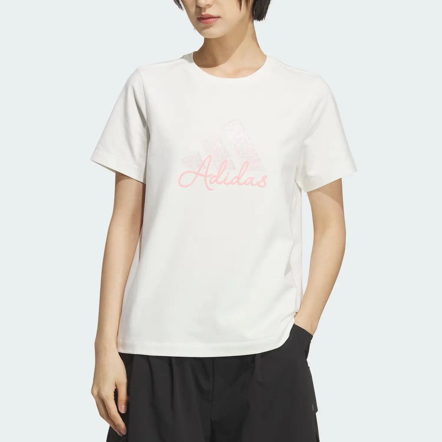 Футболка MUST HAVES SS25 женская Adidas, белый/розовый — фото 2