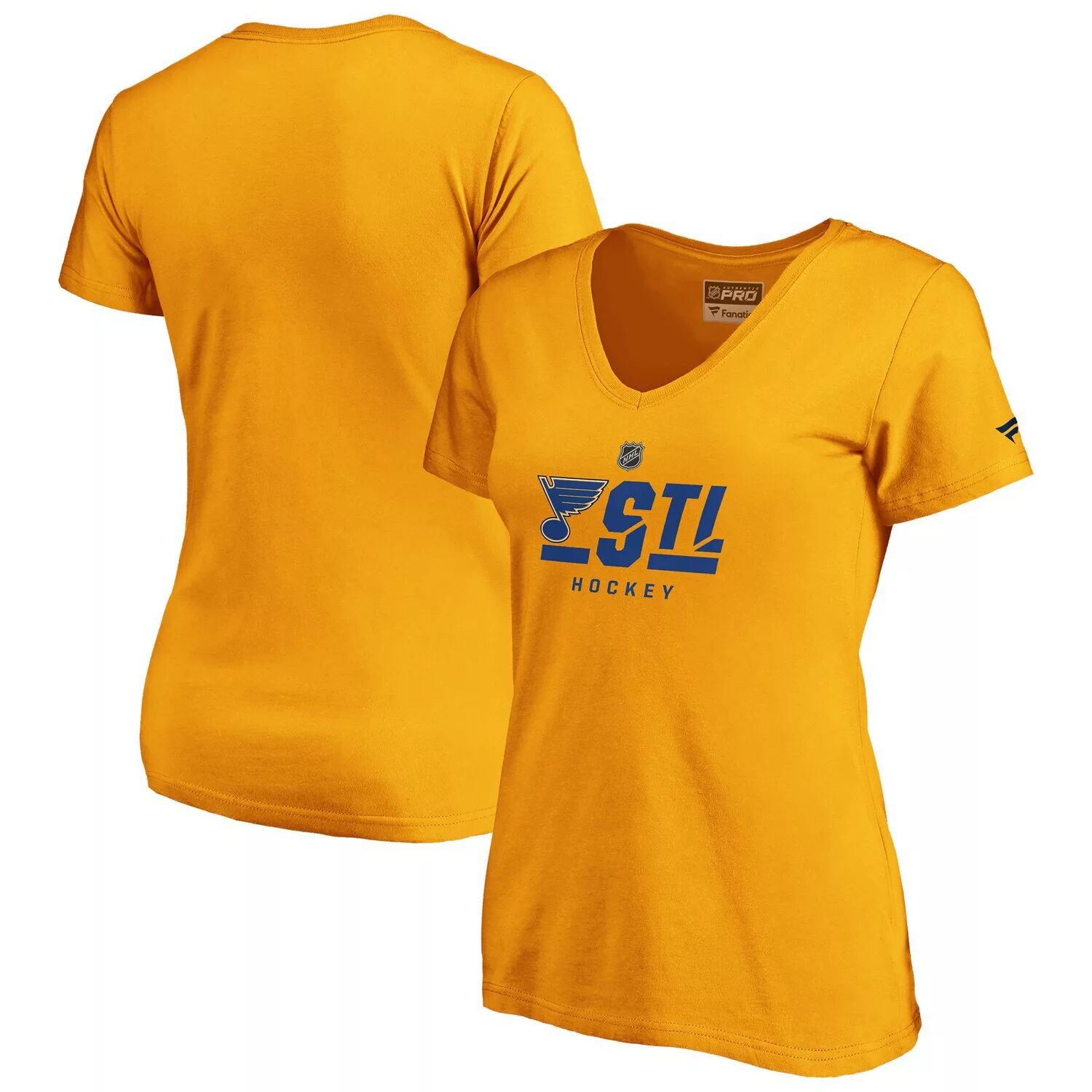 

Женская футболка Fanatics с v-образным вырезом и логотипом Gold St. Louis Blues Authentic Pro Secondary Fanatics