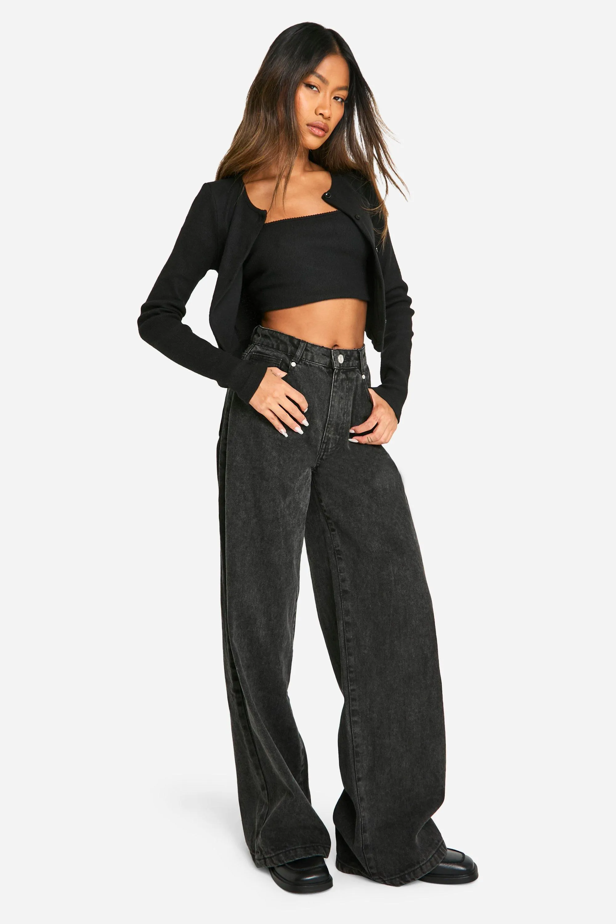 

Широкие джинсы с высокой талией Basics boohoo, черный