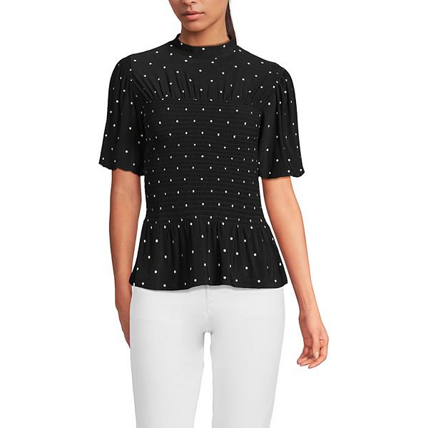 

Женский топ с коротким рукавом из шелкового трикотажа, пузырчатым рукавом и сборкой на горловине Lands' End, Black Ivory Dot