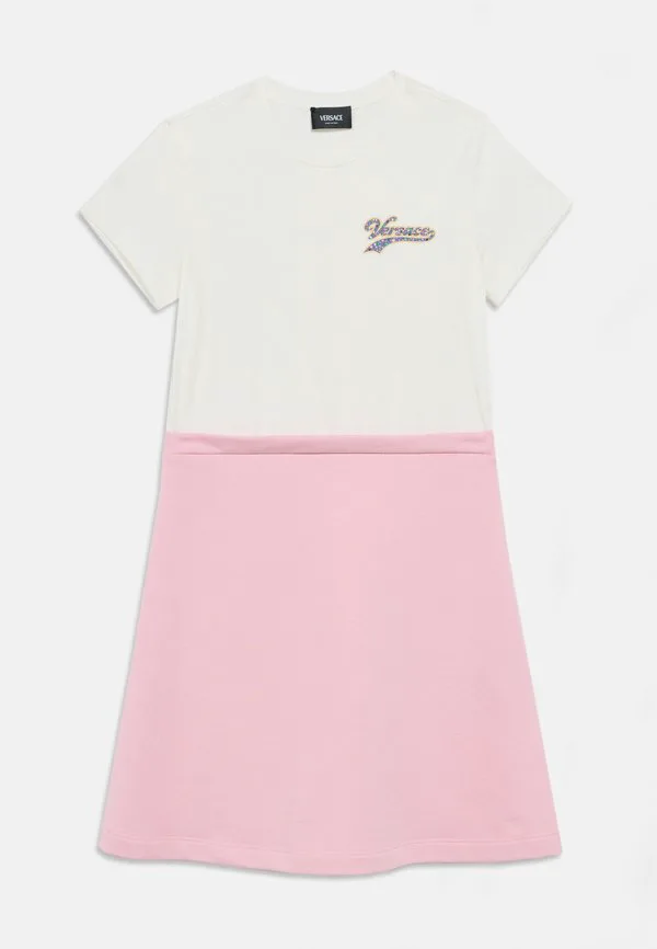 Платье с логотипом кампуса, блестящее трикотажное платье Versace, Bianco/Rosa/Multi Coloured