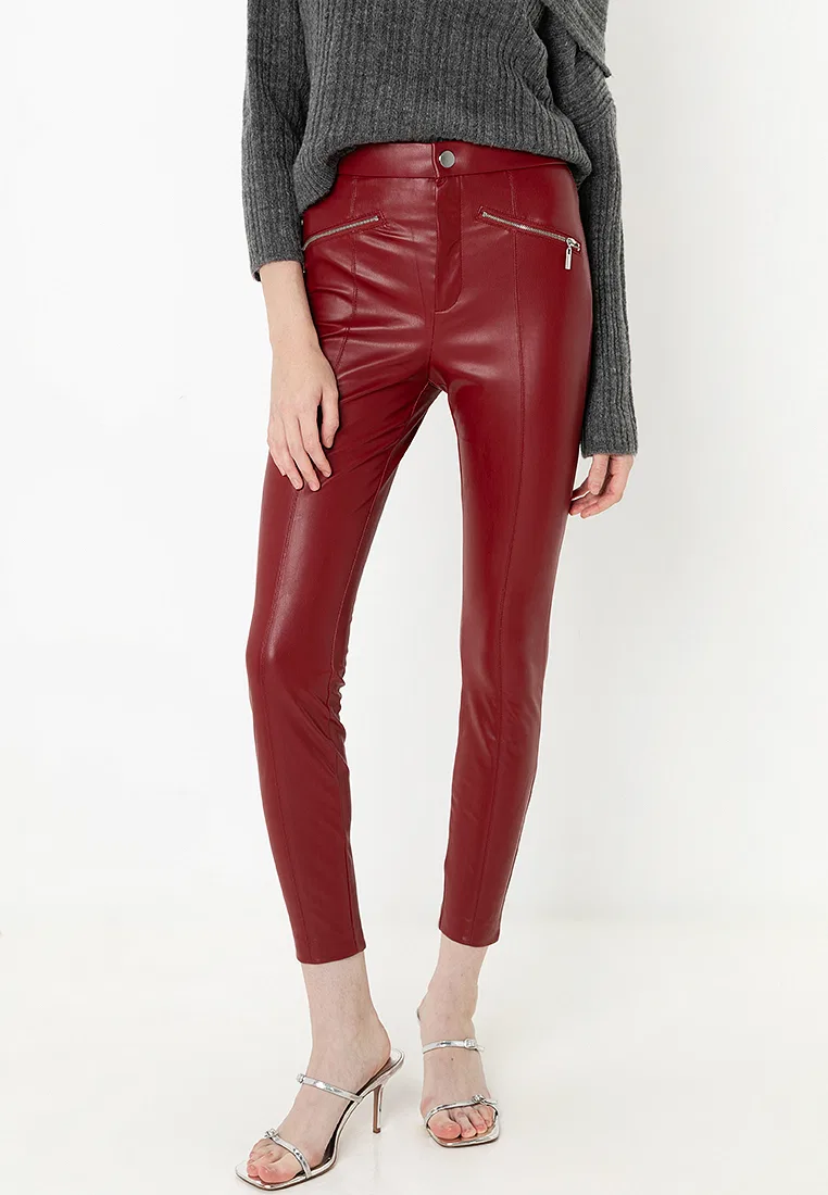 Брюки из кожзама, высокая талия, облегающие Zara, красный