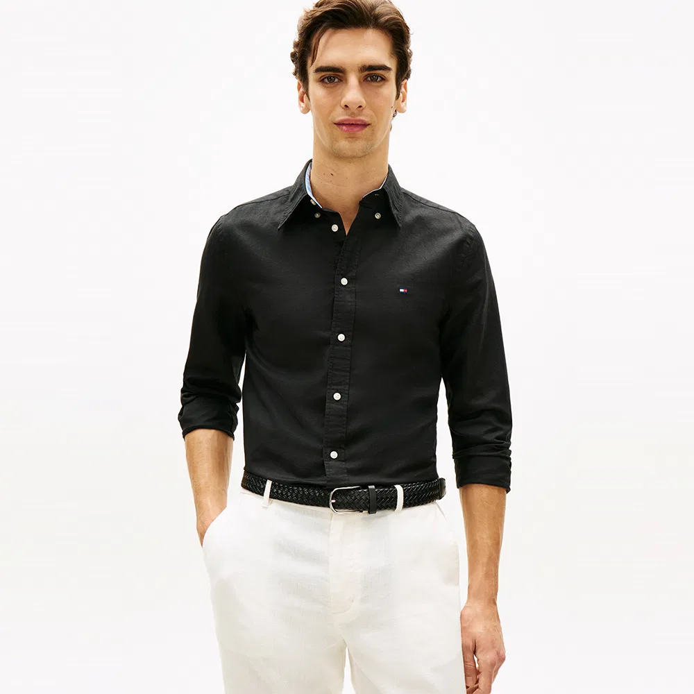 Мужская чёрная рубашка Regula fit из смесового льна от Tommy Hilfiger
