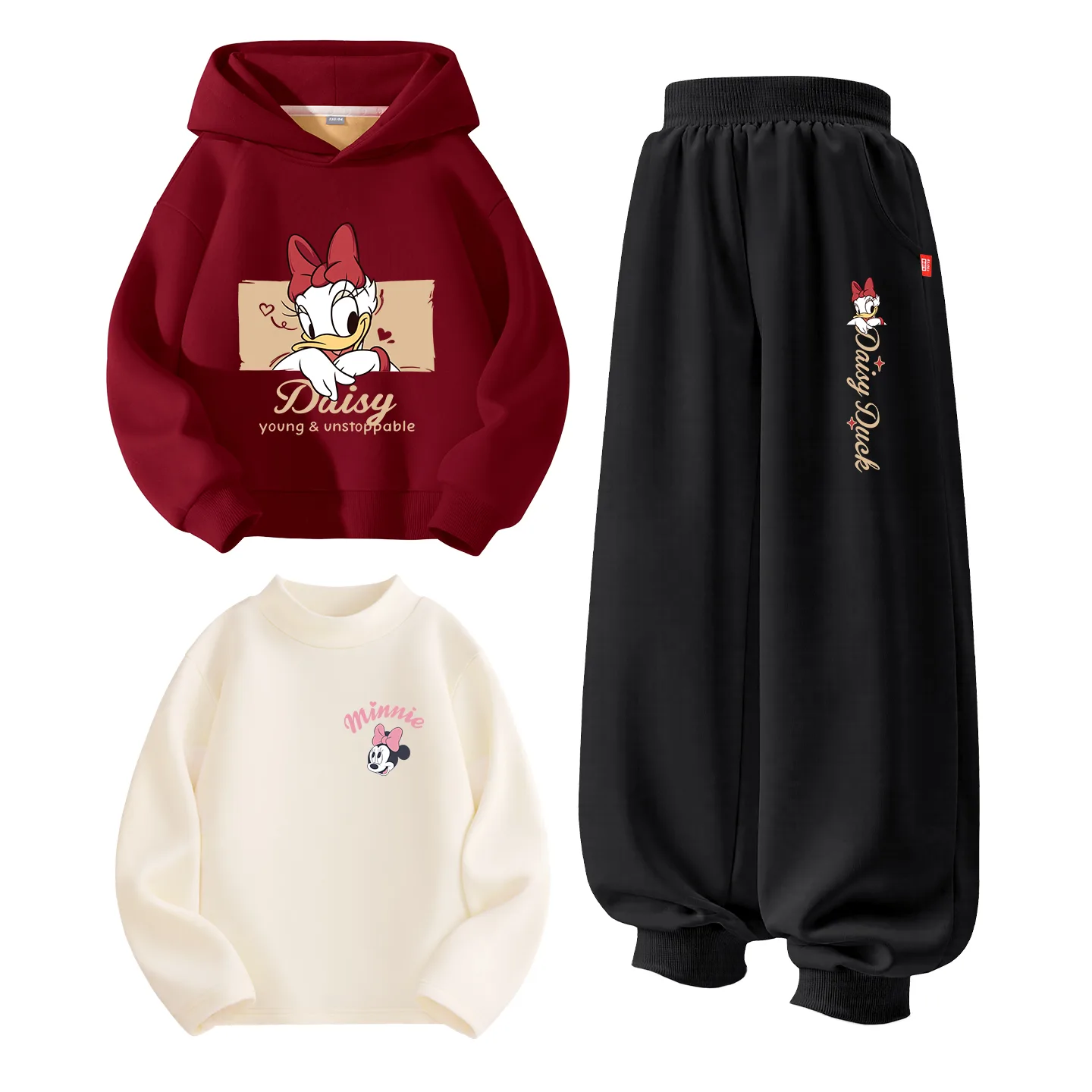 Детская повседневная худи с капюшоном Disney, [Thickened and Fleece-Lined Three-Piece Set]Di Firework Colt K Burgundy+Di Colt K Black+Di Lift Eye K Milk White — фото 3