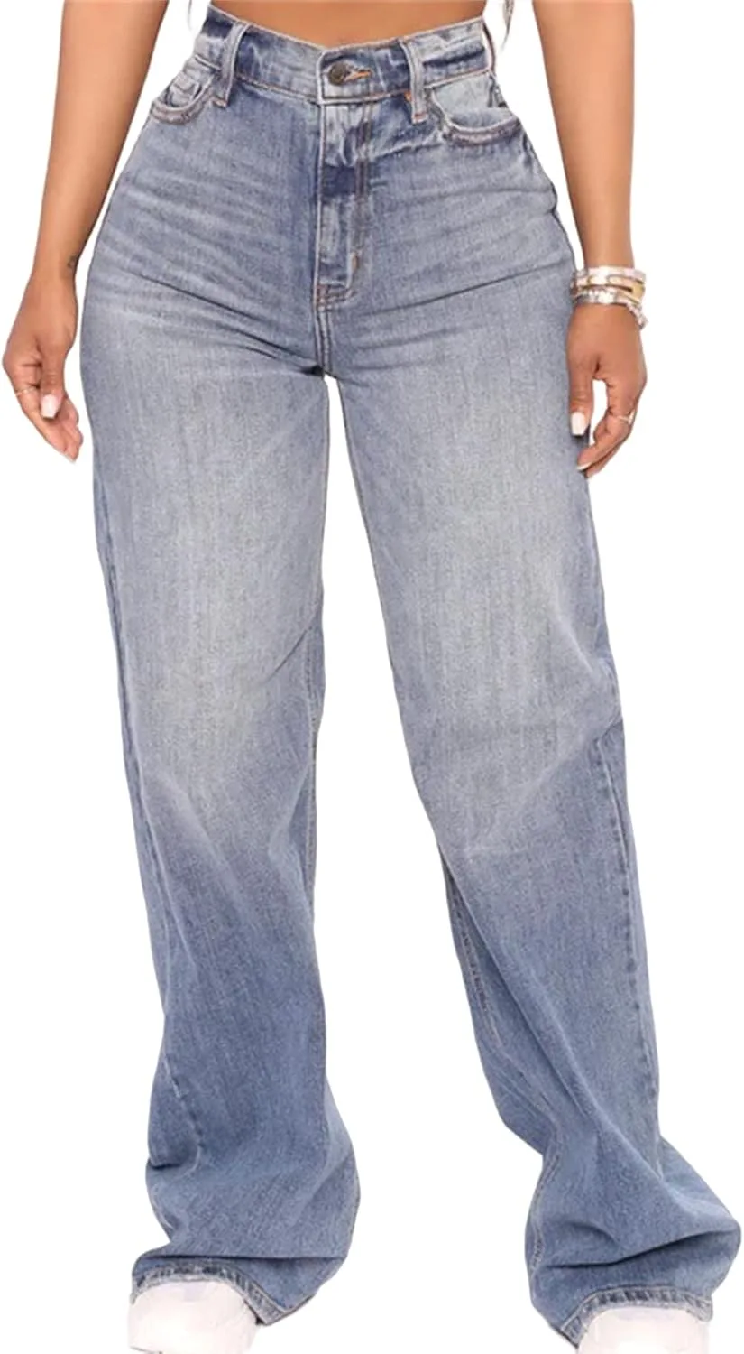 

Брюки джинсы baggy для женщин casual wide leg stretchy Smoneyful