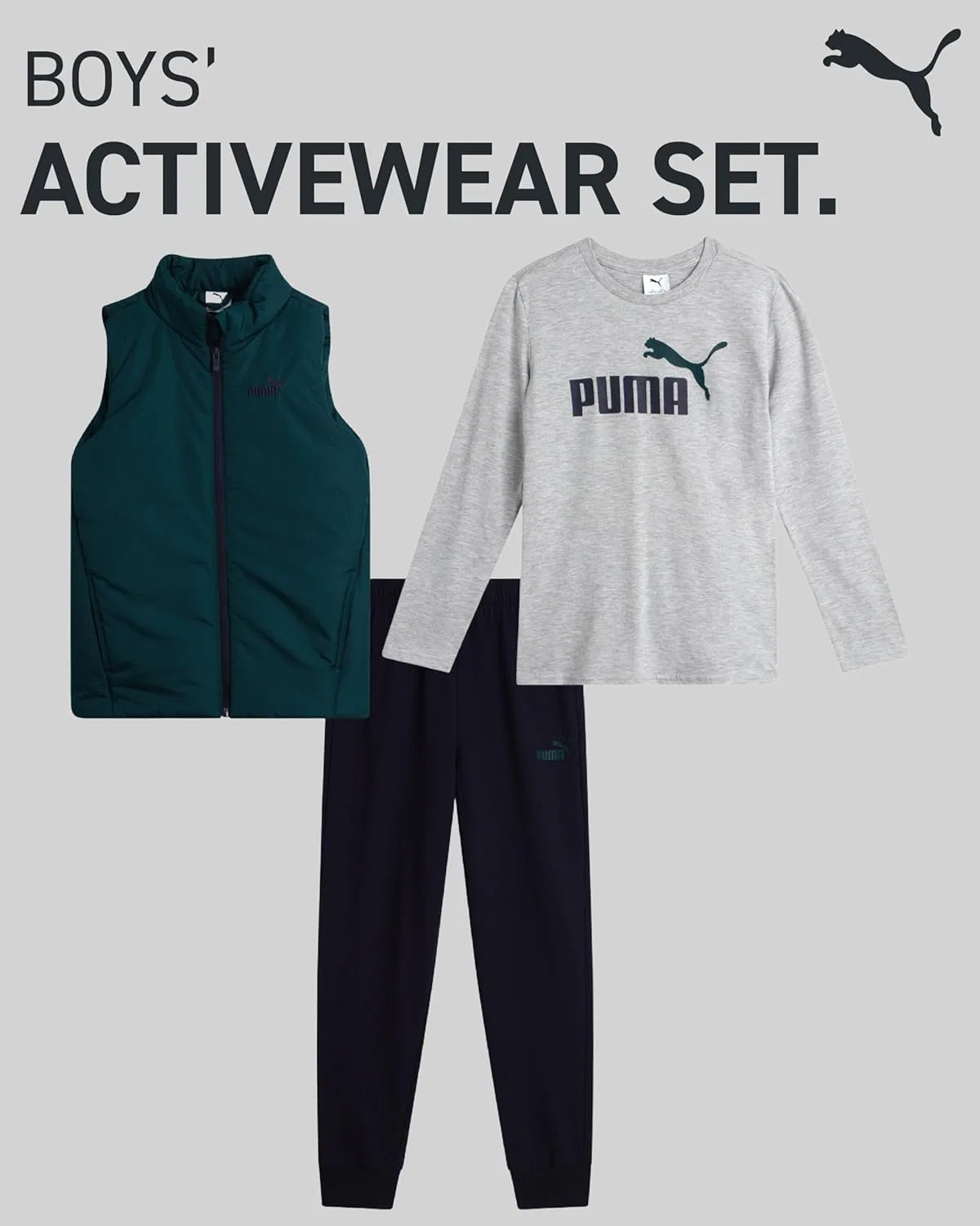 Спортивный костюм для мальчиков PUMA, 3 предмета: жилет, футболка с длинным рукавом и джоггеры, Grey/Green/Navy — фото 2
