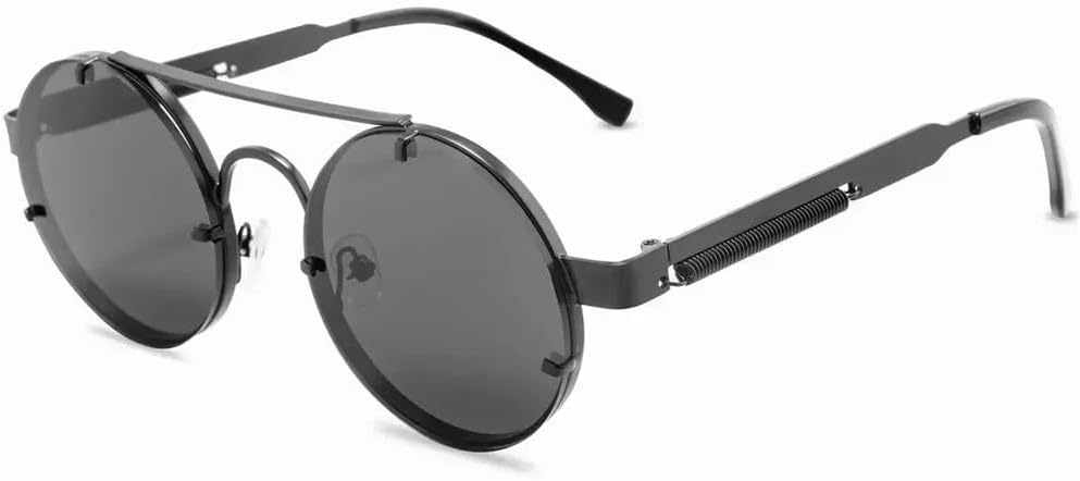 

Круглые солнцезащитные очки в стиле стимпанк для мужчин, винтажные солнцезащитные очки без оправы для женщин, металлические солнцезащитные очки в стиле панк с эластичными дужками KTUCN, Black Gray