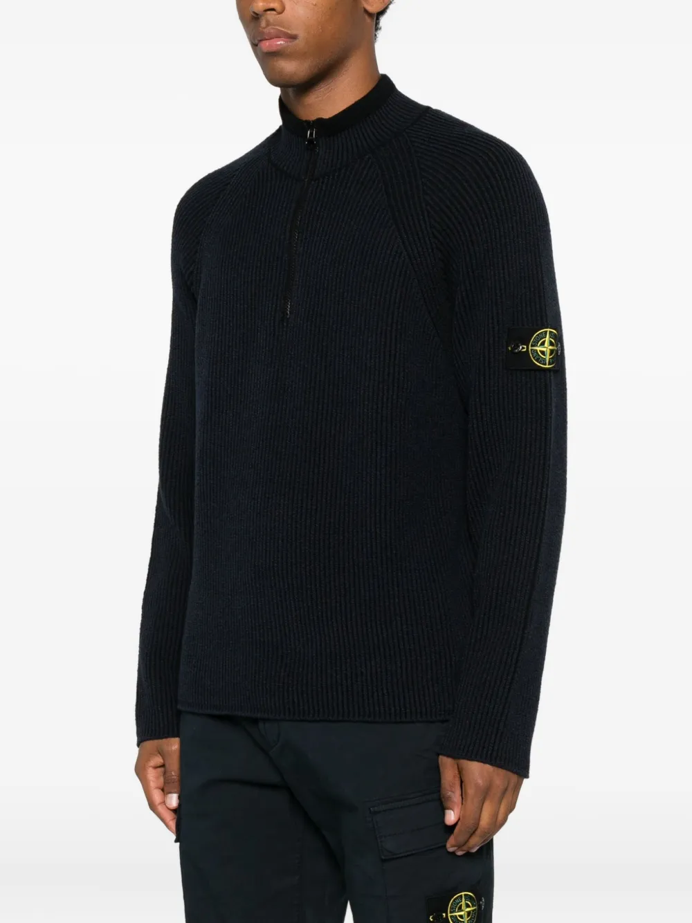 Вязаный свитер с молнией на воротнике Stone Island, синий — фото 3
