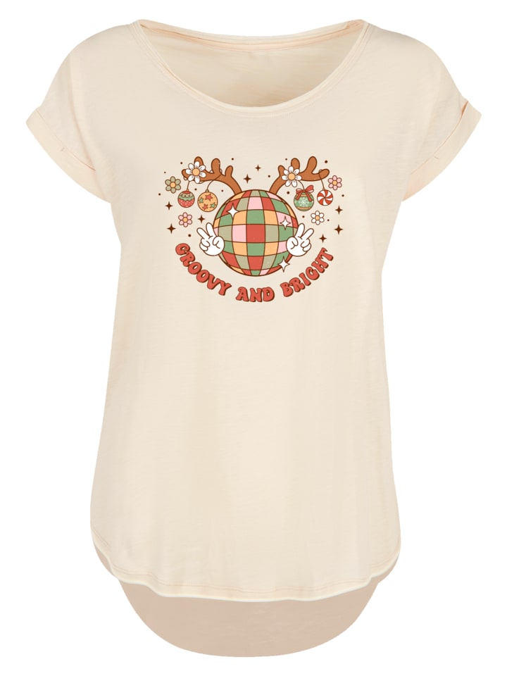 

Удлиненная футболка с изображением классного рождественского диско-оленя в цвете Белый песок F4NT4STIC