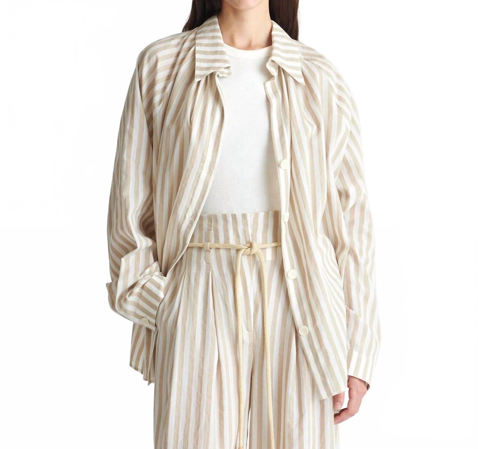 

Женская полосатая льняная рубашка Ада в бежево-белом цвете Nanushka