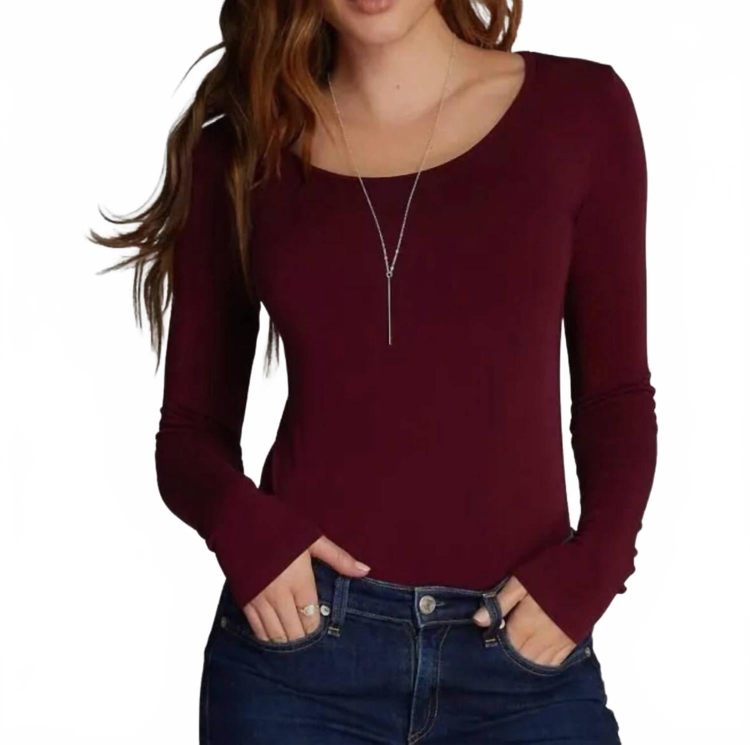 

Трикотажный облегающий топ Trista с длинным рукавом и круглым вырезом в бордовом цвете C'est Moi Clothing Co