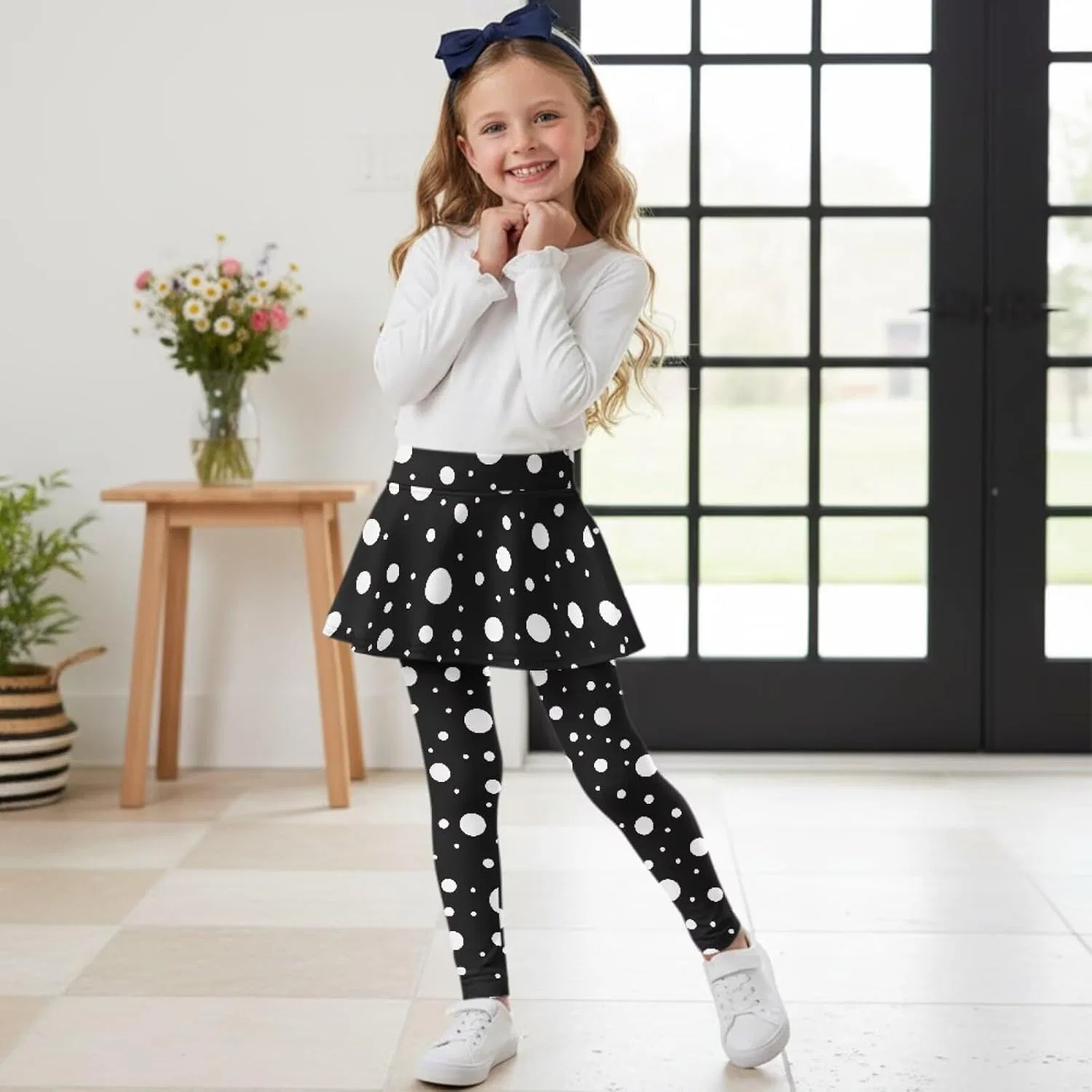 Леггинсы с юбкой для девочек, Hresuewn, 2-в-1, White Polka Dot-black — фото 4