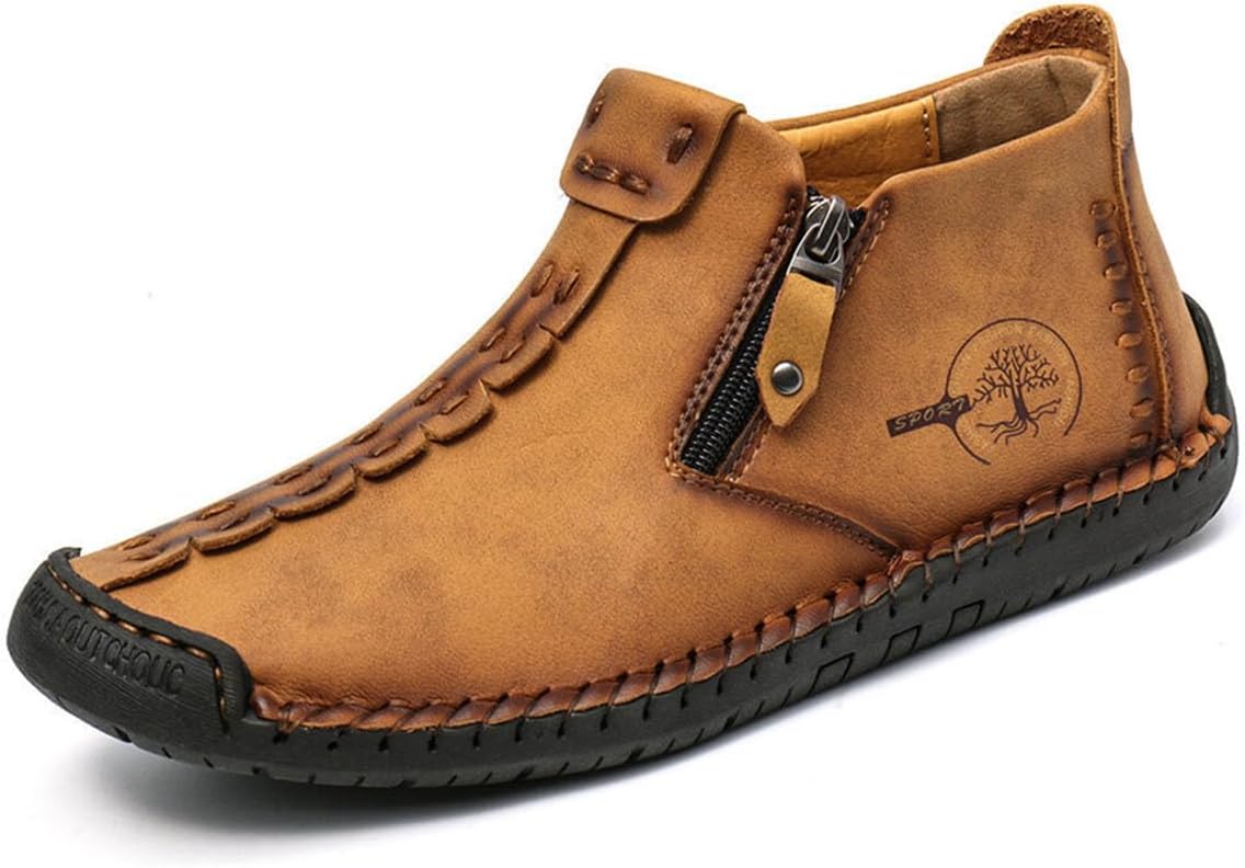 

Мужские повседневные кожаные лоферы, модные удобные челси, с ручной строчкой, без шнурков, средние по высоте Zhoupulp, 6625 Brown