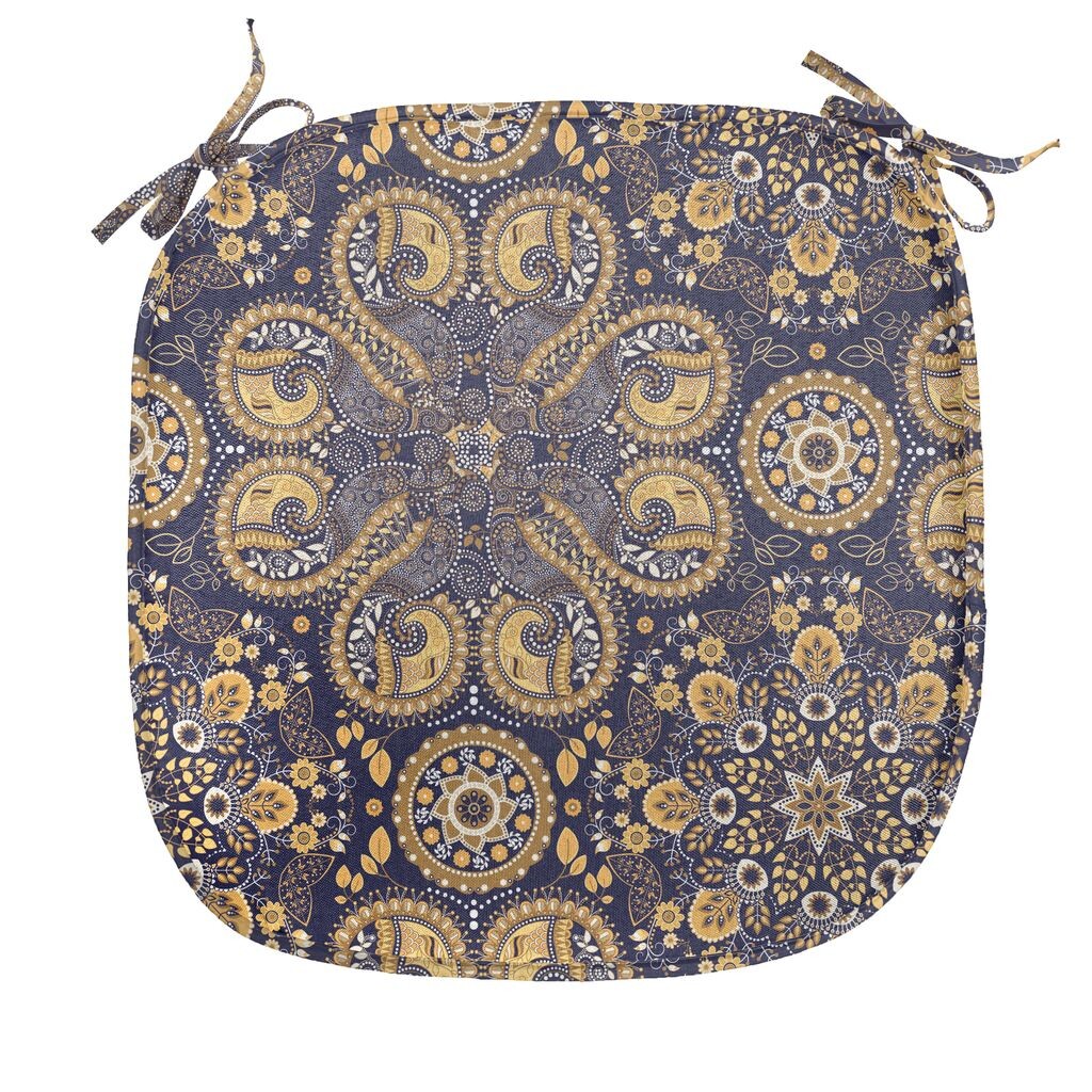 

ABAKUHAUS Подушка на обеденный стул Mandala, Восточная абстрактная флора, декоративная водонепроницаемая подушка с ремнями для кухонных сидений, 40 см x 40 см, земляно-желтый индиго, черный