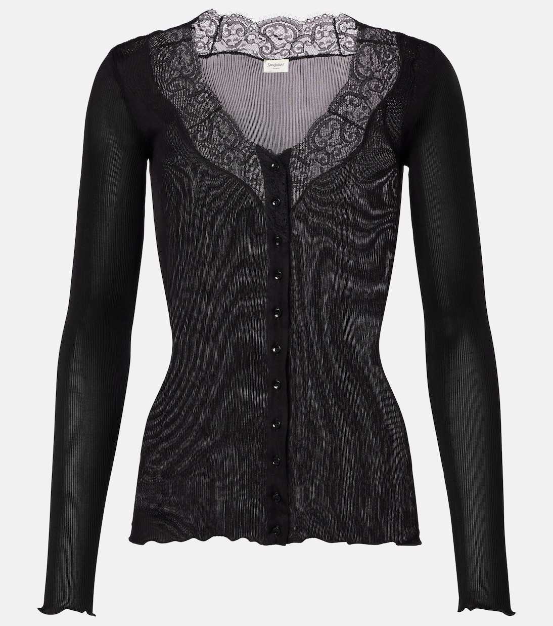 

Полупрозрачная шелковая блуза с кружевной отделкой Saint Laurent, нуар
