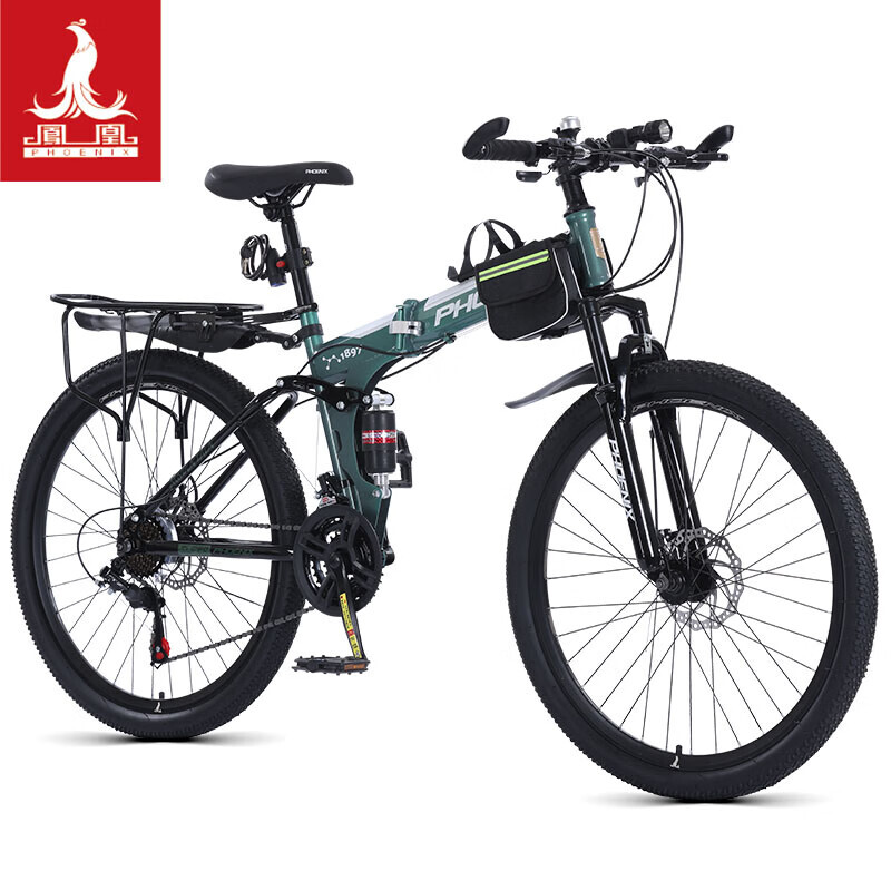 

Горный велосипед Phoenix складной с двойной амортизацией 24 скорости 27,5 дюйма, зеленый