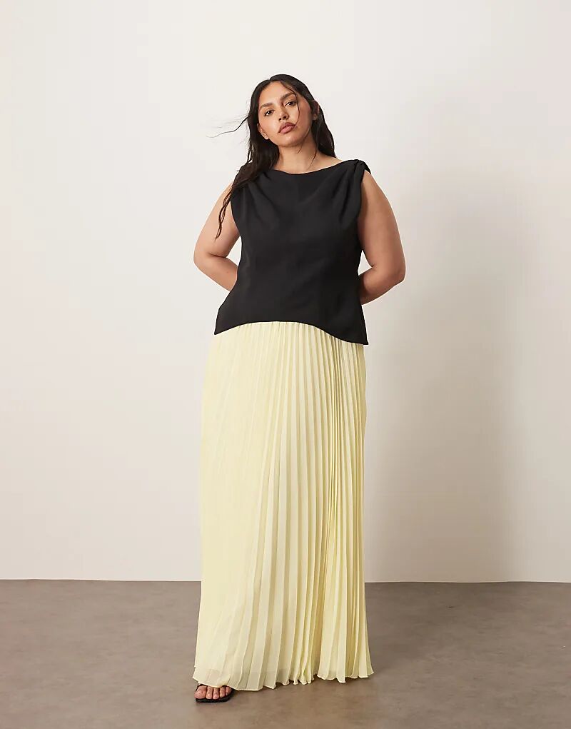 

Платье-макси с плиссированной юбкой и закругленными плечами ARRANGE, контрастное черное и молочно-белое