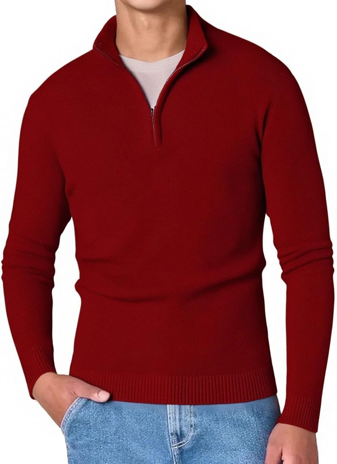Мужской свитер с воротником стойкой и молнией на 1/4, легкий, slim fit — фото 2