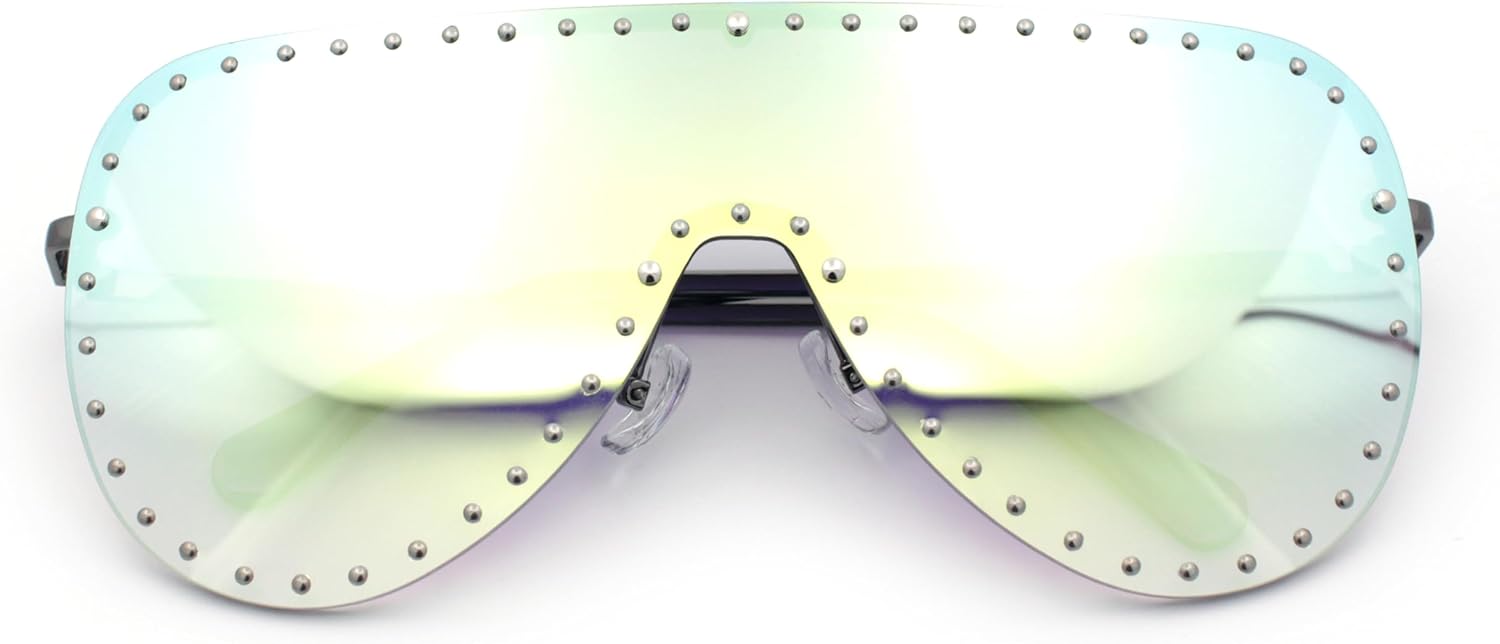 

Женские солнцезащитные очки-борцовки без оправы с металлическими заклепками, увеличенного размера, в форме щита, с плоской верхней частью SA106, Gunmetal - Yellow Mirror