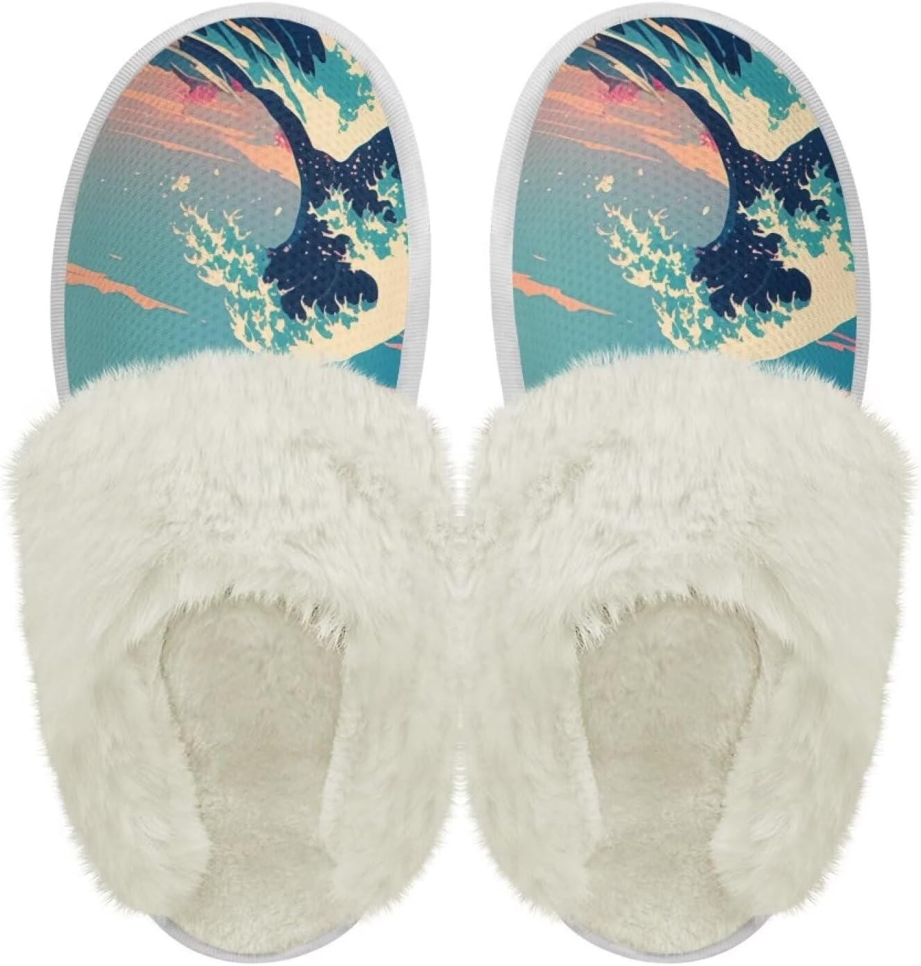

Хлопковые тапочки с пушистыми краями, домашние тапочки для дома и улицы, хлопковые тапочки унисекс Pjheqoxe, Great Wave