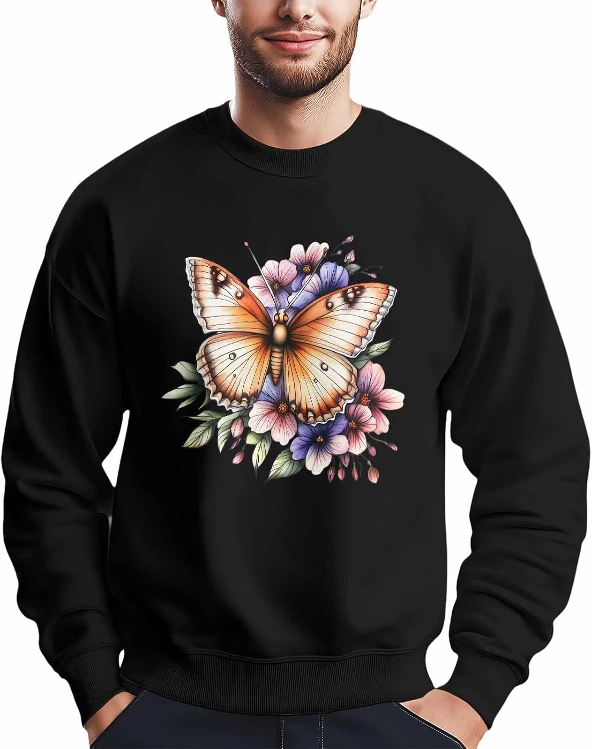 

Мужской свитшот с принтом желтой бабочки и фиолетового цветка, Crewneck, Long Sleeve Winvebermior