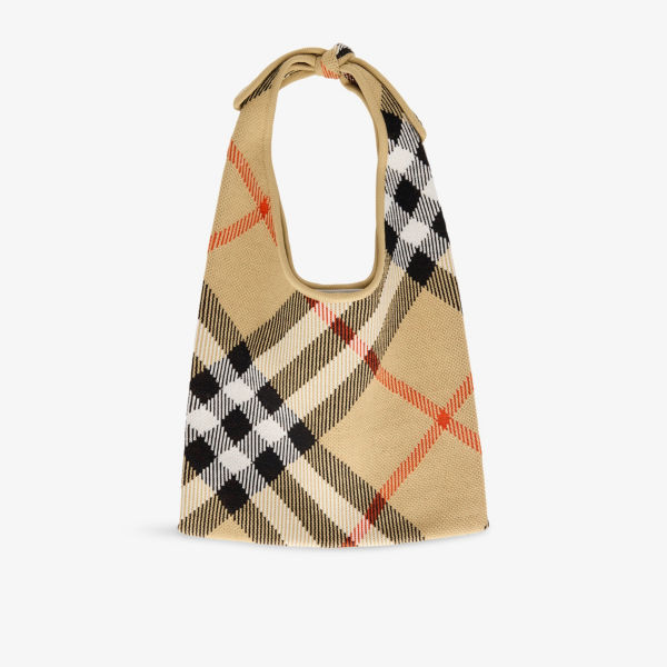 

Детская шерстяная наплечная сумка с узлом-галстуком в клетку Burberry, цвет sand ip check