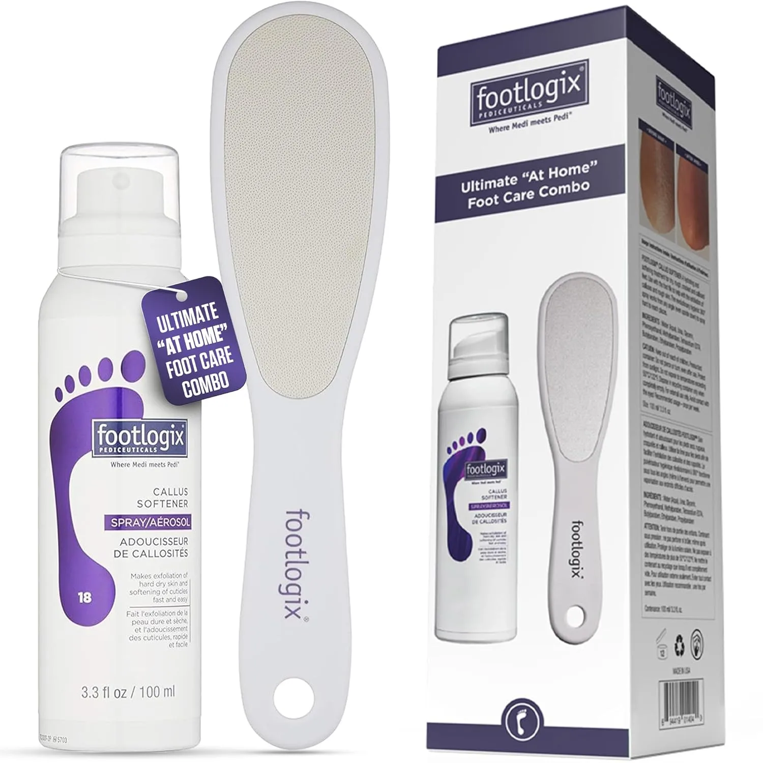 Набор для ухода за ногами Footlogix Foot Care Callus Softener Combo: спрей для удаления мозолей и двусторонняя пилка для сухих, потрескавшихся пяток, инструменты для педикюра, скраб для ног. Комбо, White