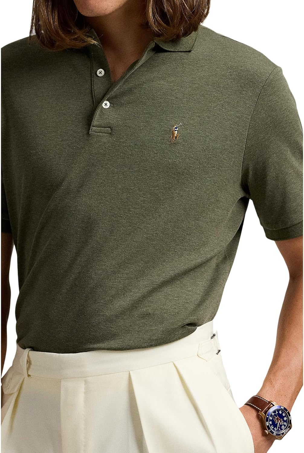 POLO RALPH LAUREN Мужская короткая футболка Solid Kc Soft Touch-Classic, Service Green Heather — фото 3