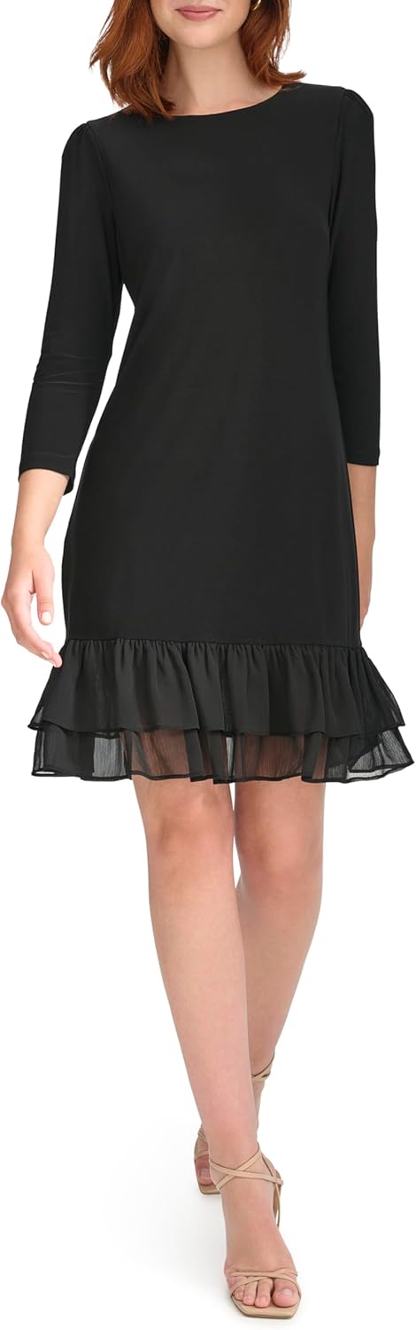 

Женское платье Tommy Hilfiger из джерси и шифона с рукавами 3/4 и оборками по подолу, Black