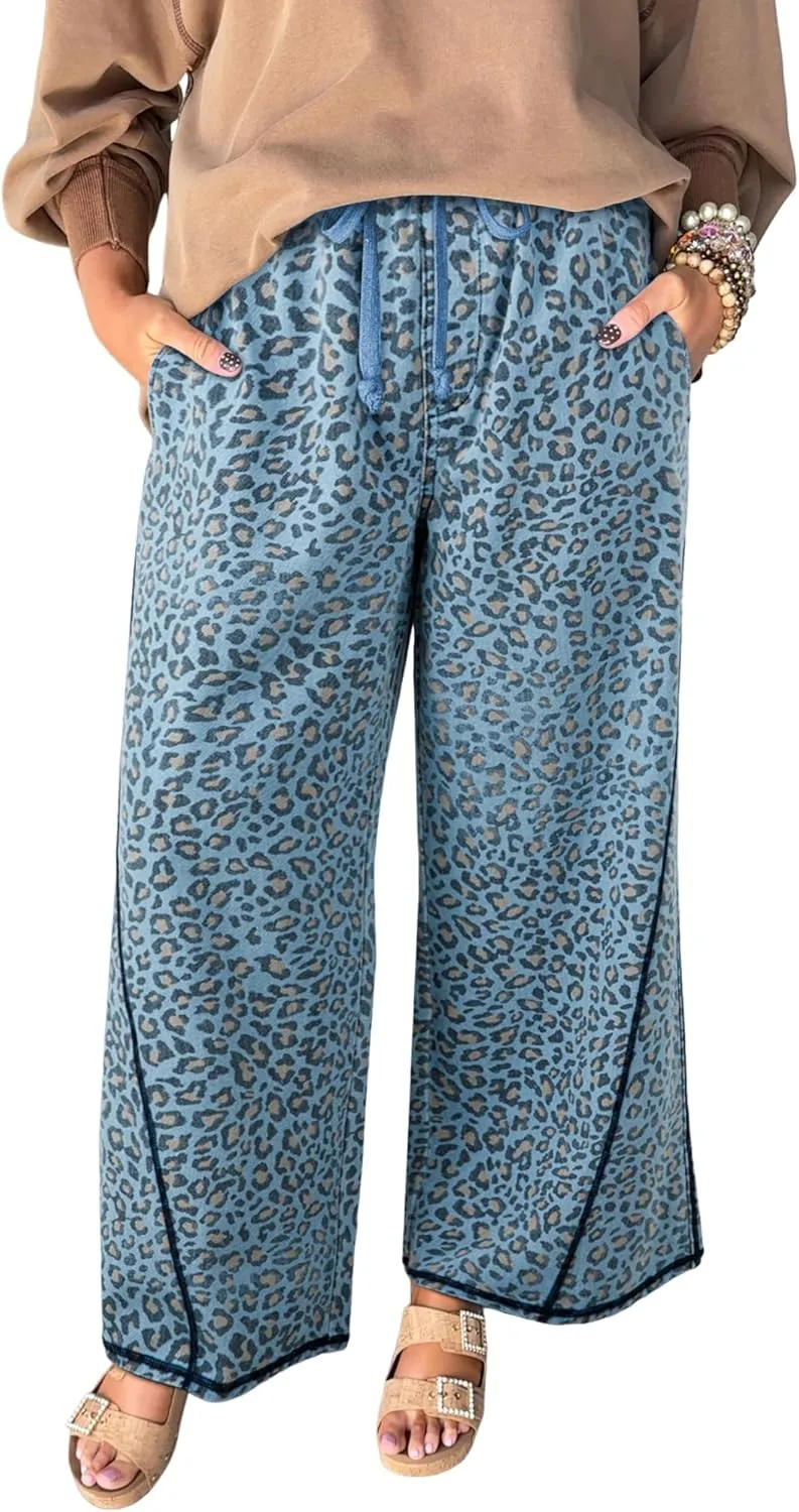 

Джинсы для женщин apvirdy leopard cheetah print с широкими штанинами и шнурком на талии