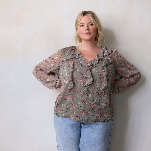 

Топ с V-образным вырезом и длинными рукавами с каскадными рюшами Plus size Lc Lauren Conrad, Olive Flutter Floral