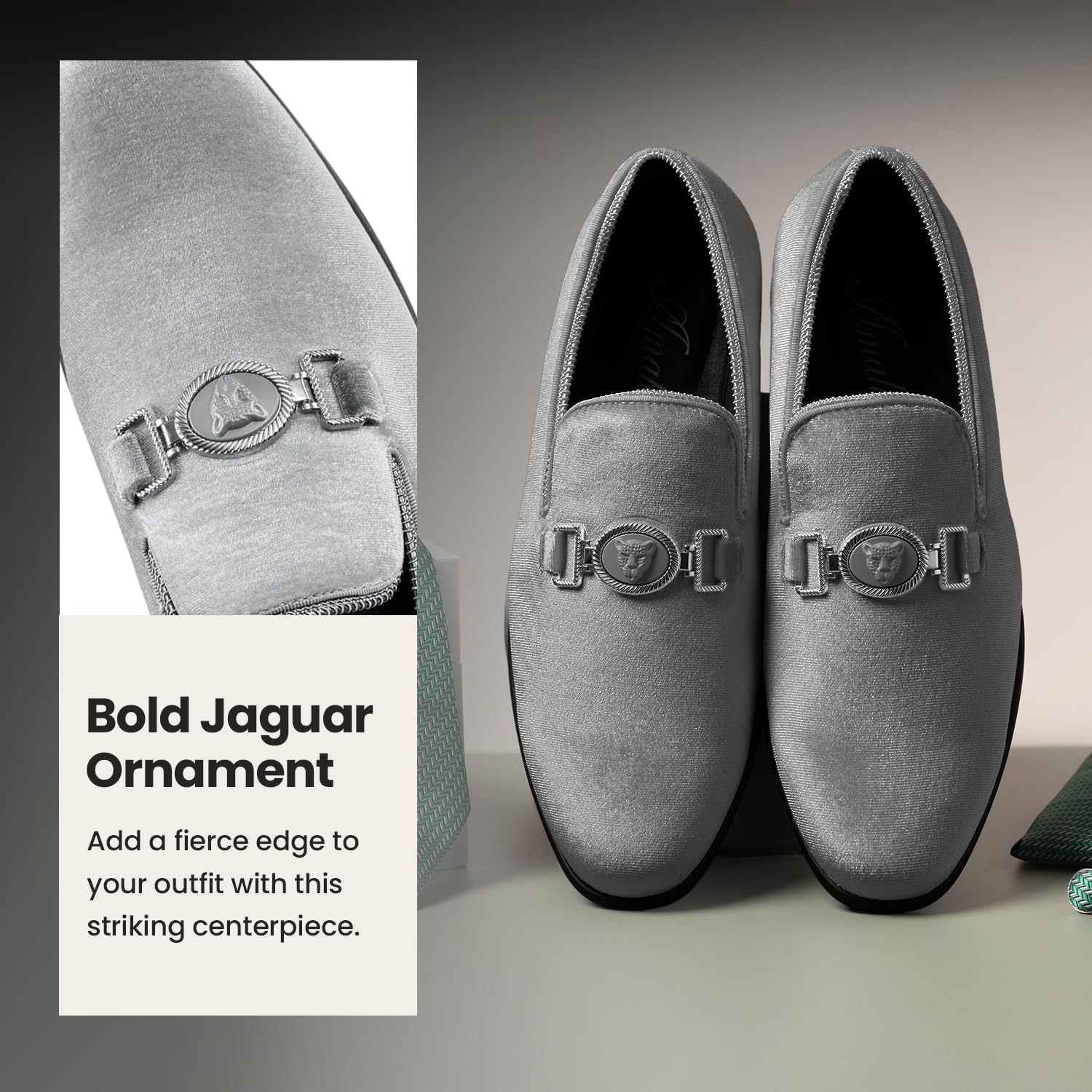 Мужские лоферы Amali Velvet Slip-On с львиным декором, тапочки для смокинга, лоферы с металлической цепочкой, Gray (Antonio) — фото 3