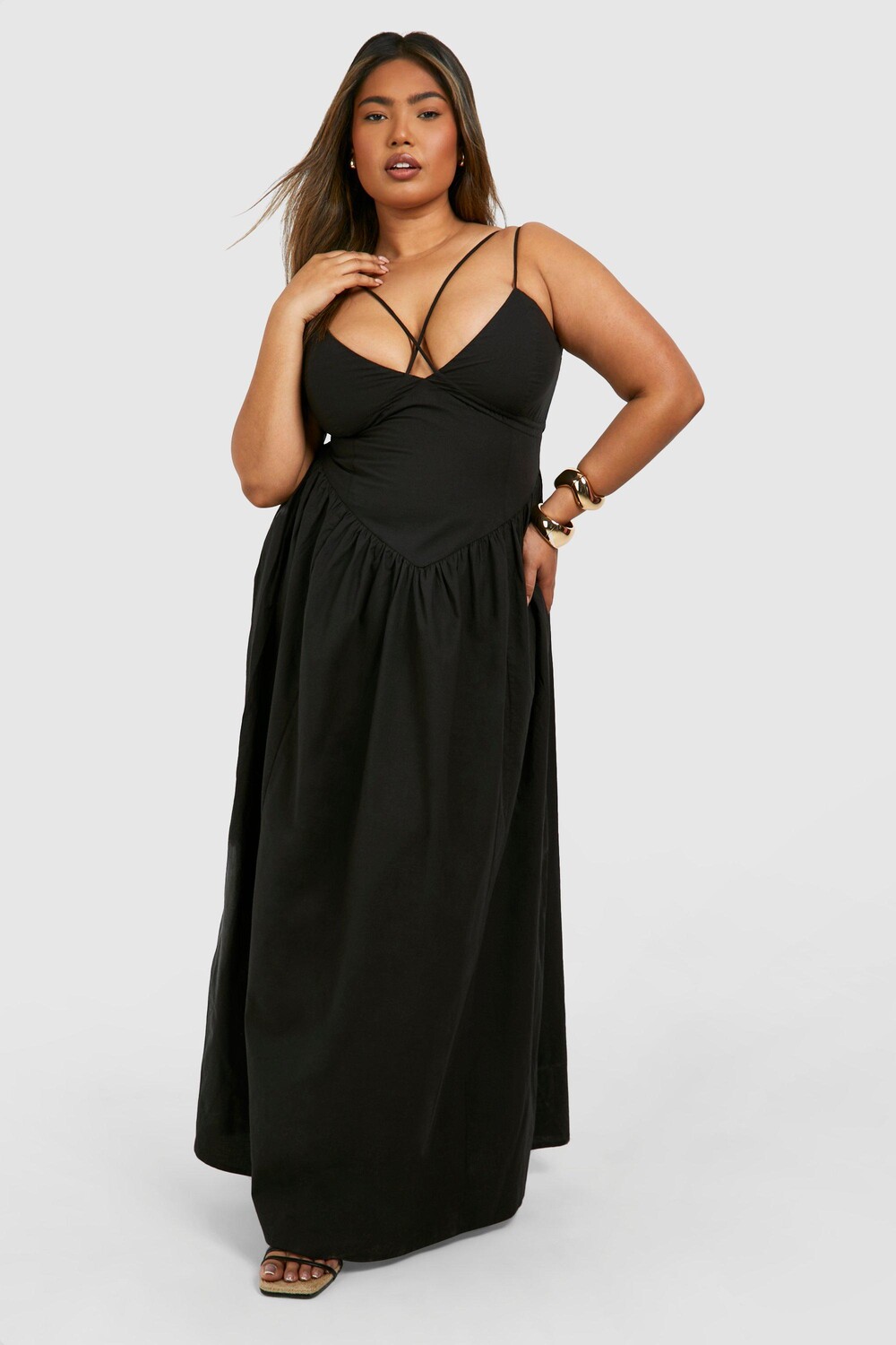 

Платье макси из хлопка с бретелями Plus boohoo, черный