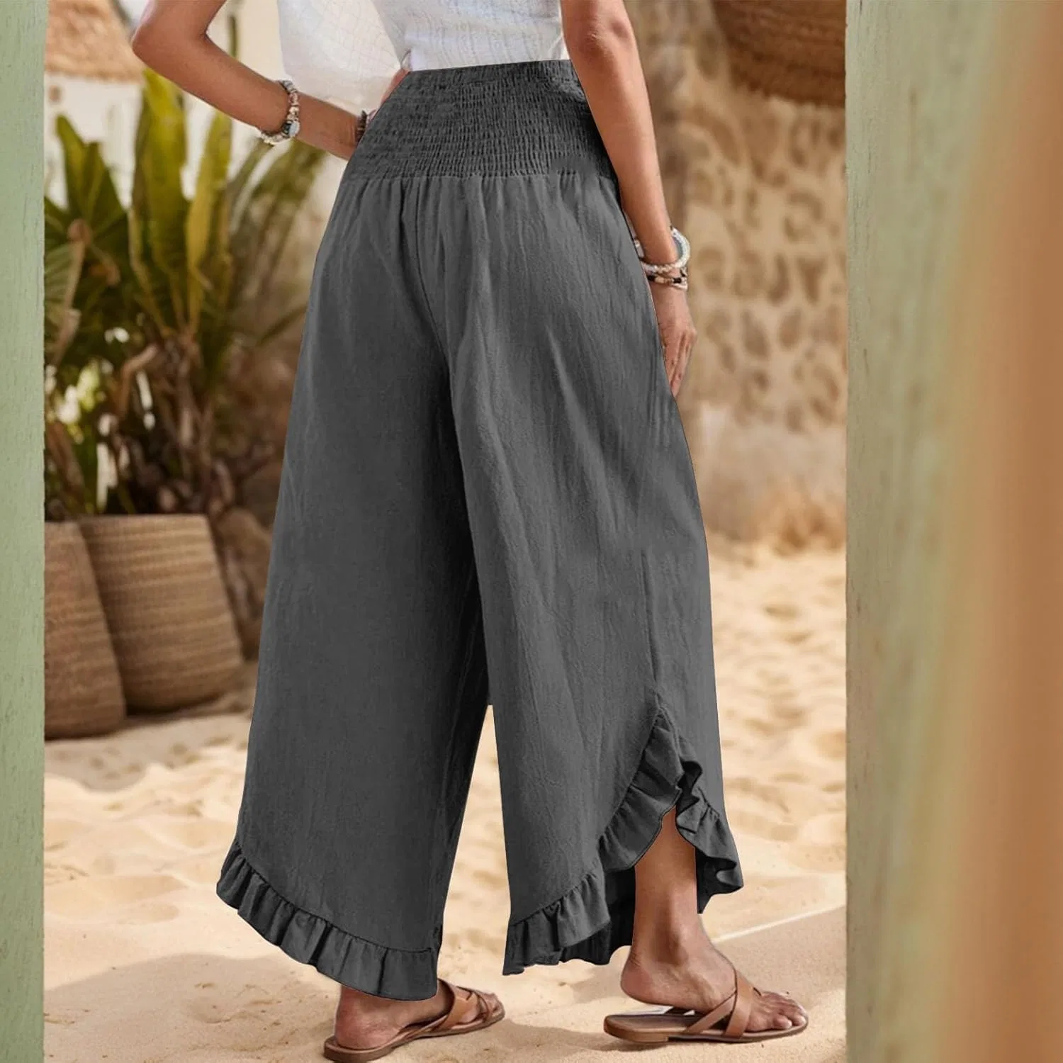 Женские льняные брюки, свободные укороченные, милые, с широкими штанинами, палаццо, пляжные брюки с карманами, надеваемые через голову — фото 2