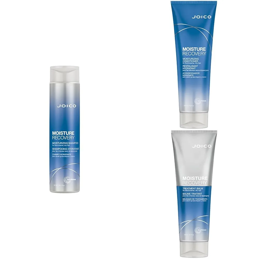Набор для ухода за волосами Joico Moisture Recovery: увлажняющий шампунь (280 мл), кондиционер (240 мл) и бальзам для ухода (240 мл) для густых, жестких и сухих волос с маслом жожоба и маслом ши.