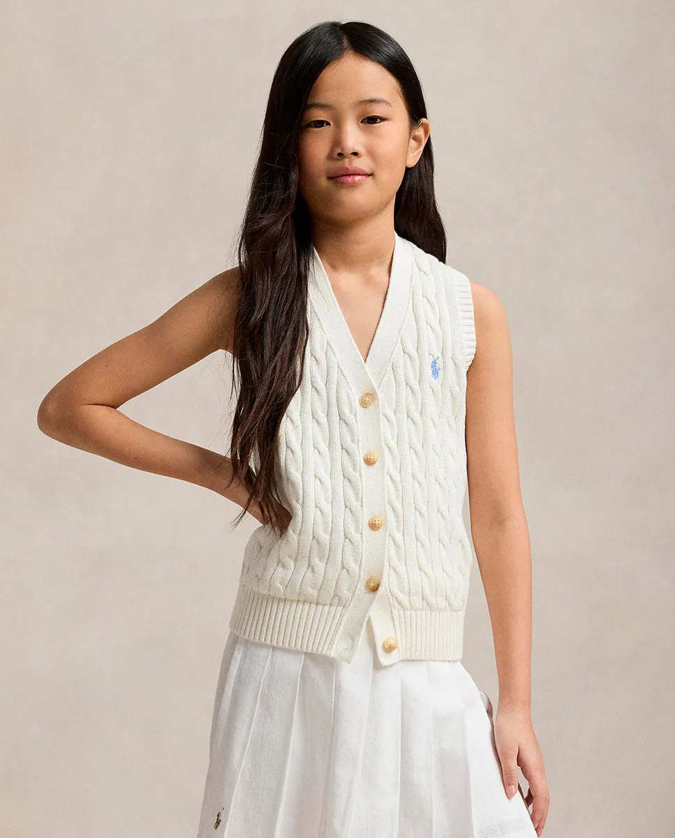 

Жилет для девочки из хлопка, связанный косами Polo Ralph Lauren, белый