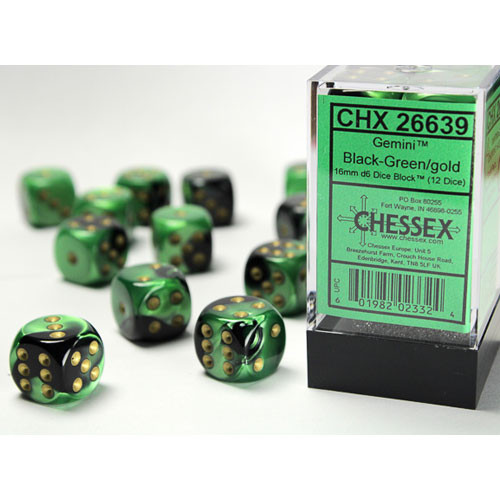 

Аксессуары Chessex Chessex 16mm d6 Set: Gemini - Black-Green w/Gold Dice (12)